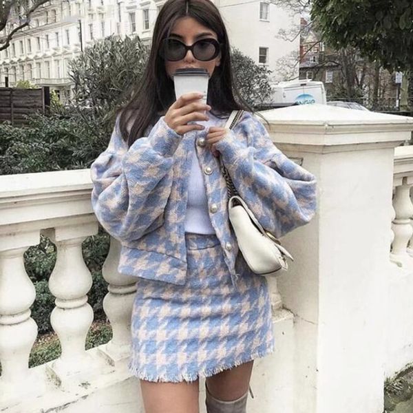 Vintage Button Check Gingham Plaid Blazer Dress Suits High Waist Skirts Sets Autumn Winter Purple 2 Pieces Set outfits 210415