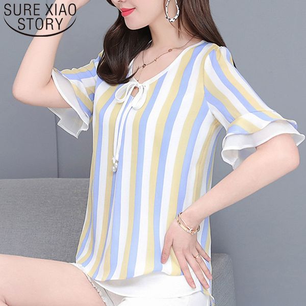 Fashion Women And Blouses Ladies Tops Shirt Bow Striped Chiffon Blouse Short Plus Size Flare Sleeve 4008 50 210415