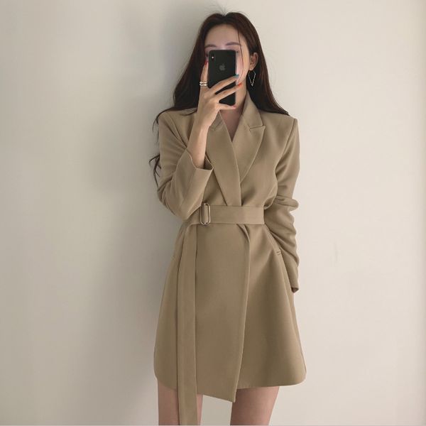 Spring Autumn Women&#039;s Long Sleeve Notched Collar Lace-up Sashes Blazer Office Lady Elegant Suit Jacket Mini Dress 210416