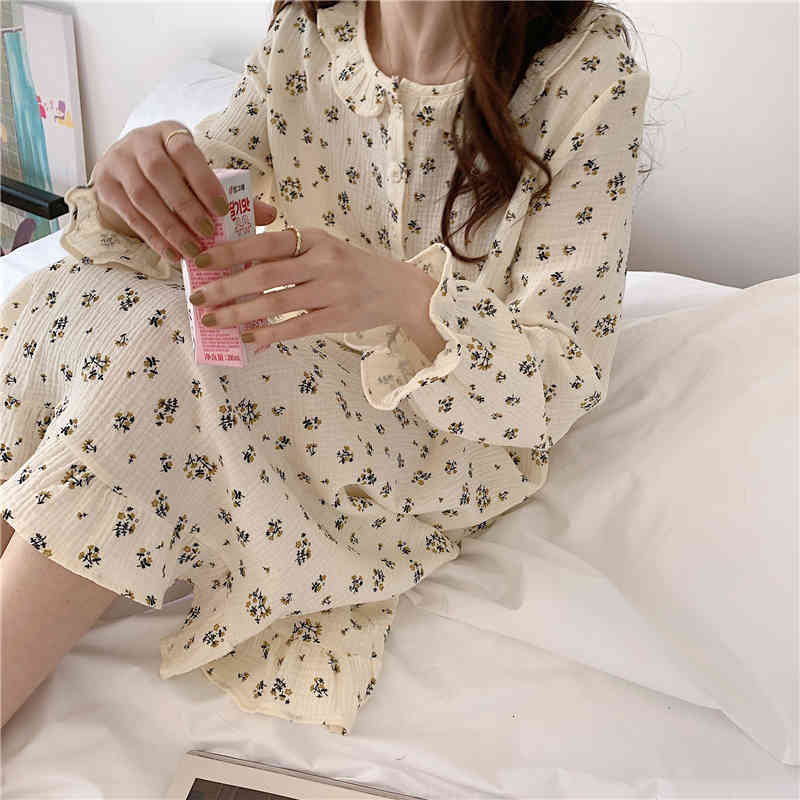 Casual Dresses Sleepwear Spring Foloral Sweet Loose Women 2021 Chic Comfortable Korean Cotton Fashion Pajamas Night OW39