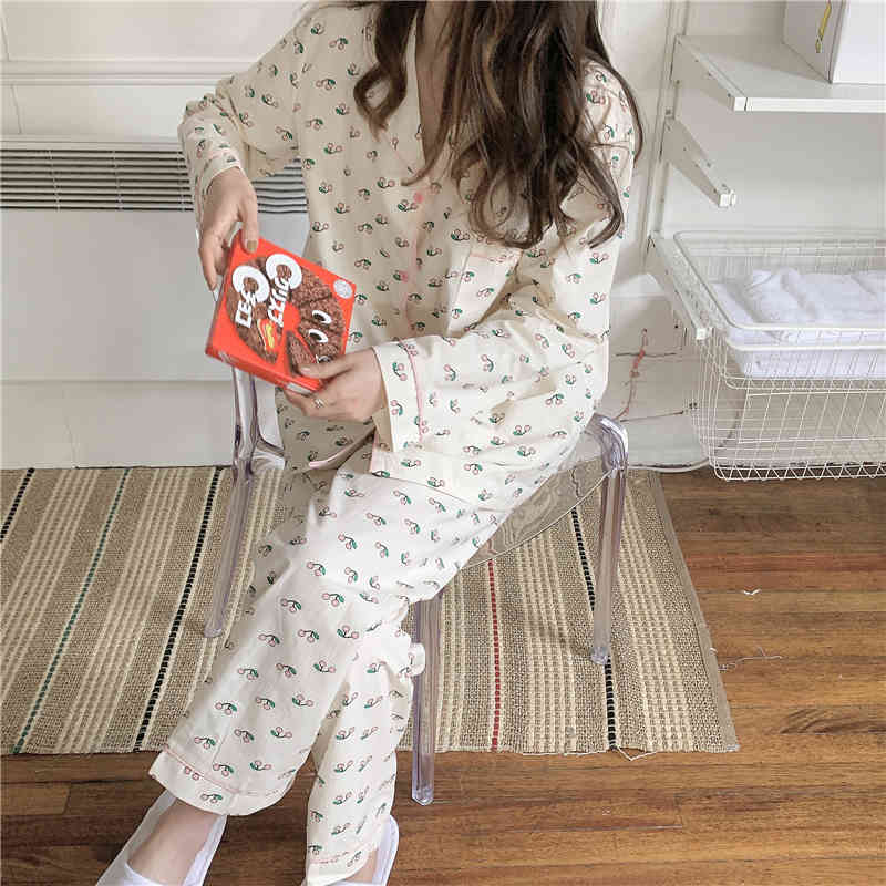 Casual Dresses 2021 Long Sleeve Sleepwear Cherry Printing Women Home Chic Comfortable Loose Cotton Fashion Pajamas Suits Sets MMZO