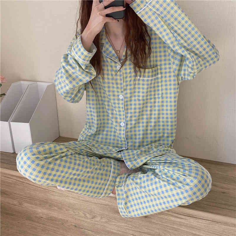 Casual Dresses 2021 Sleepwear Women Loose Plaid Homewear Cotton Chic Femme Vintage Sweet Soft Color-Hit Pajamas Sets P2MA