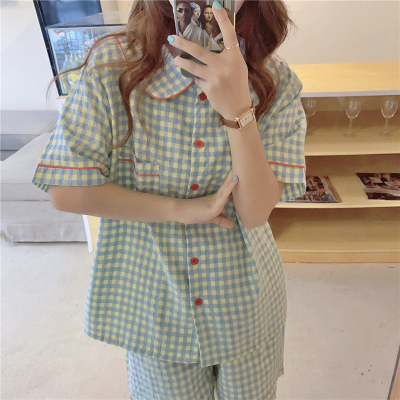 Casual Dresses Sleepwear All Match Loose 2021 Sweet Homewear Summer Geometric Chic Plaid Nightwear Women Girls Pajamas Sets 7O7C