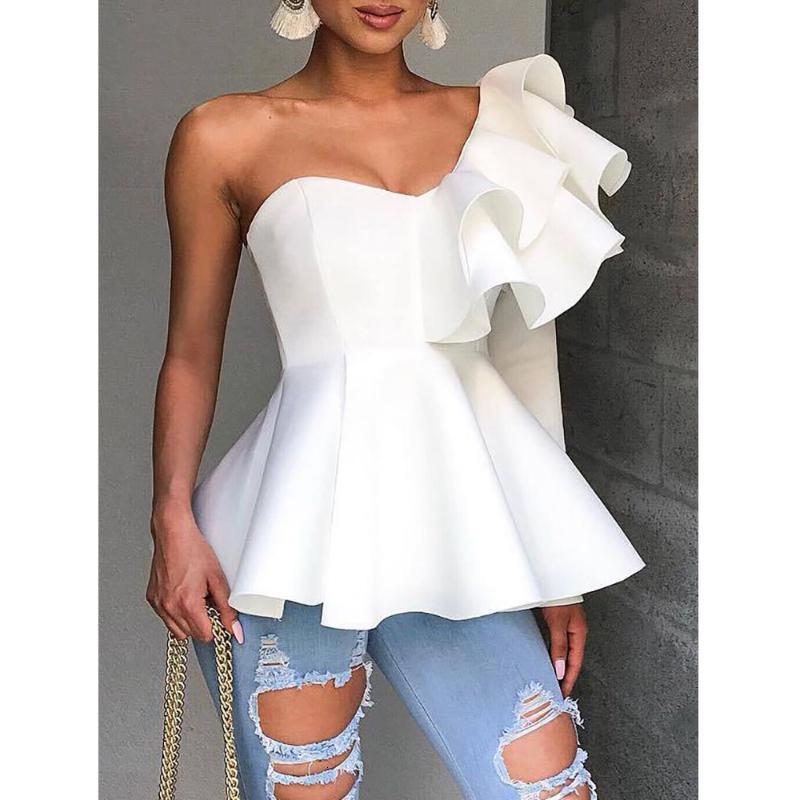 Women&#039;s Blouses & Shirts One Shoulder Zipper Up Peplum Ruffle Tops Women One Long Sleeve White Blouse Shirt Elegant Ladies Party