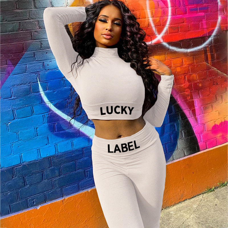 Women&#039;s Tracksuits Women Lucky Label Reflective Letters Print 2Piece Set Long Sleeve Top Sporty Leggings Matching Casual Stretchy Outfits ZH