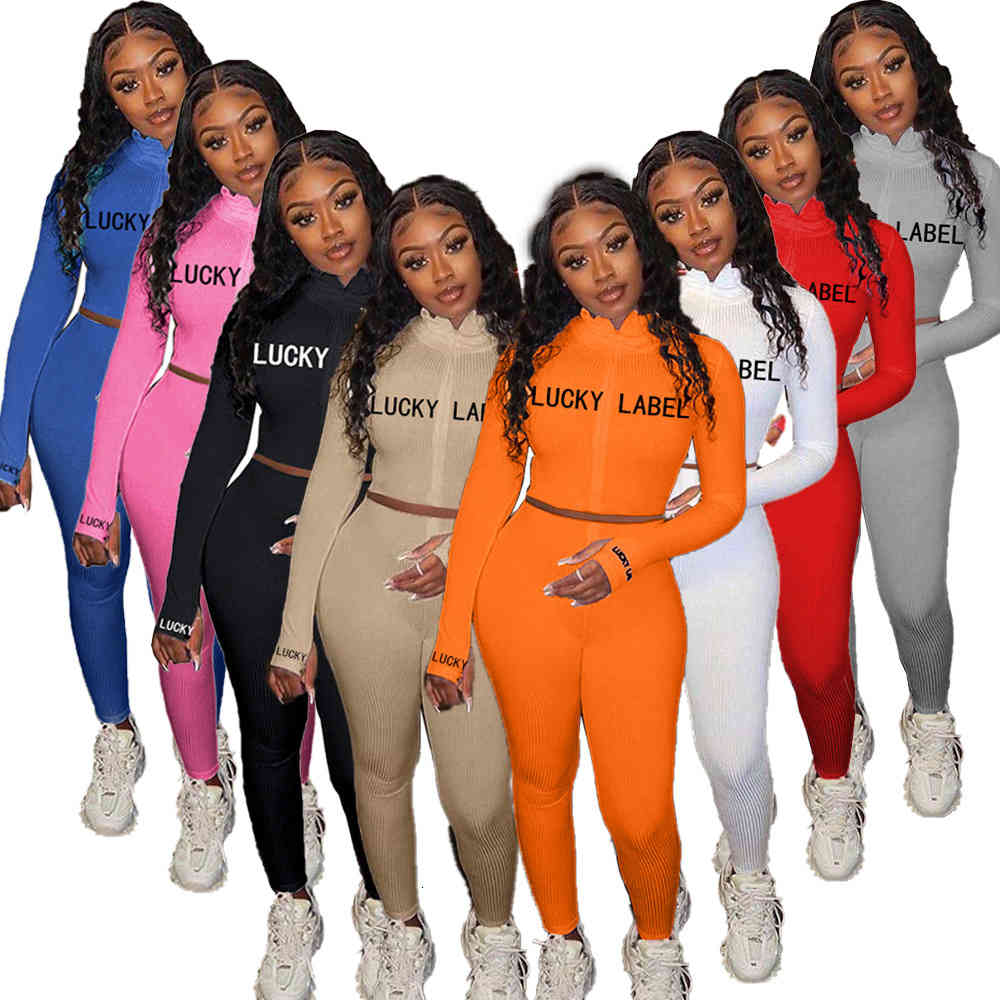 Women&#039;s Tracksuits Lucky Label 2 Piece Set Women Fall Fitness Outfit Tracksuit Stretch Knitted Top Leggings Matching Sets Girl H4DP