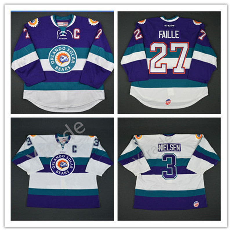 Customize CCM ECHL Orlando Solar Bears 3 Carl Nielsen Jersey 27 Eric Faille 29 David Bell Vintage Hockey Jerseys Home Away White Purple Any Name Num