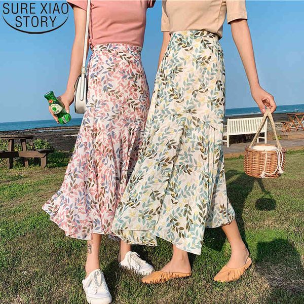 Women Floral Print Summer Green Pink Irregular A-line Long Skirts Jupe Femme High Waist Vintage Chiffon Skirt 10012 210417