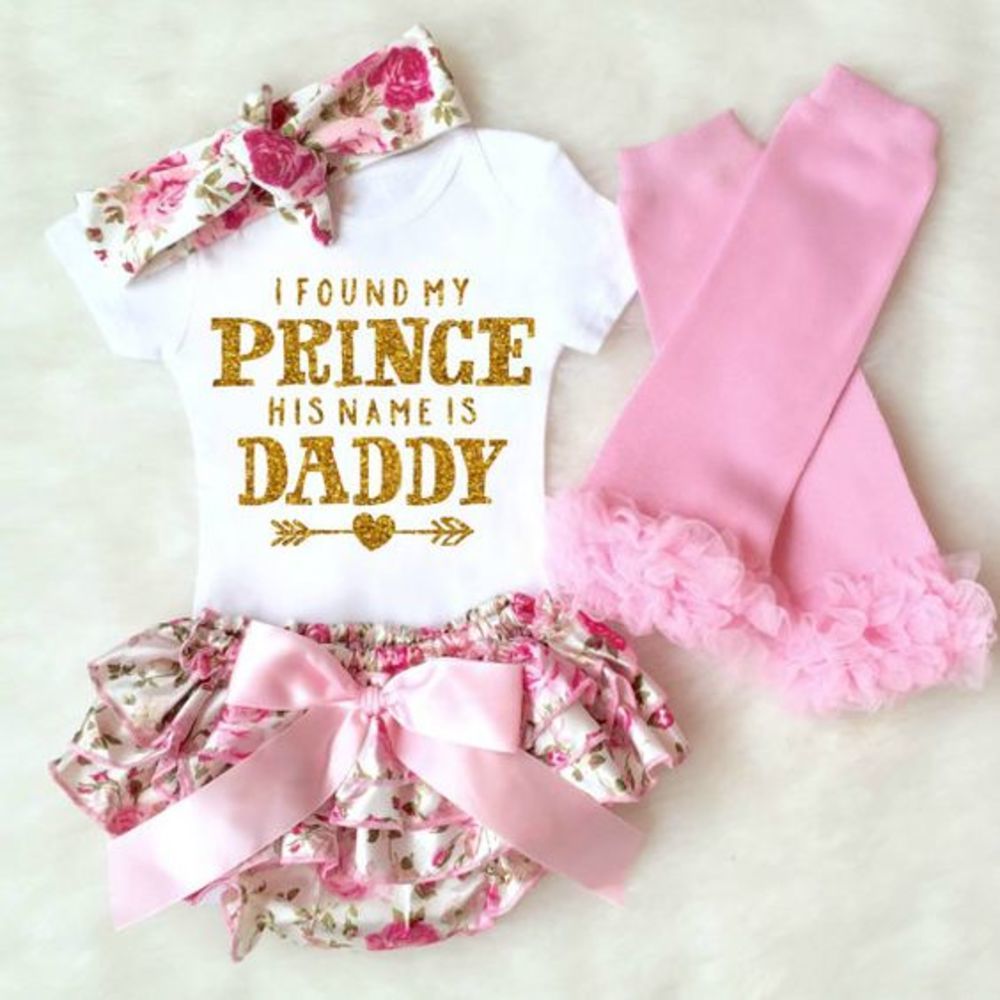 Clothing Baby girl 4pcs Sets Infant INS Romper + floral shorts and Headband leggings Set I Found My Princess His Name is Daddy M3443 K041