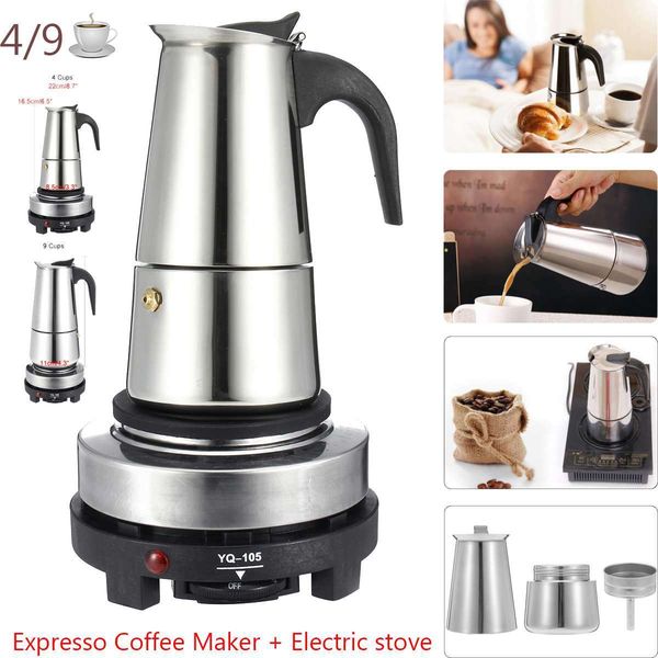 4-9 Cups Coffee Maker Pot Stainless Steel Mocha Espresso Latte WIth Electric stove Filter Moka Coffee Maker Pot for Kitchen 210330