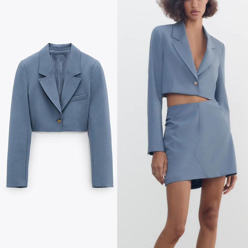blazers Blue Cropped Blazer Women Long Sleeve Shoulder Pads Office Coat Blazers Woman Fashion Wrap Spring Vintage Outerwear Top