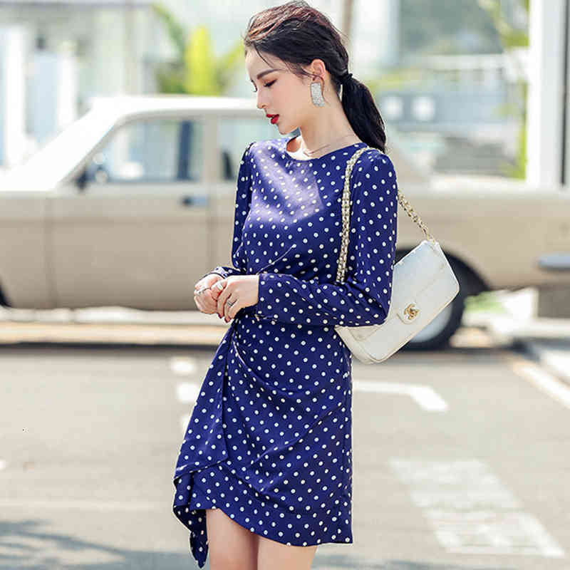 dresses Spring Irregular Lace-up Dots Casual Korean O-neck Slim Aline Elegant Simple Office Party Vestidos