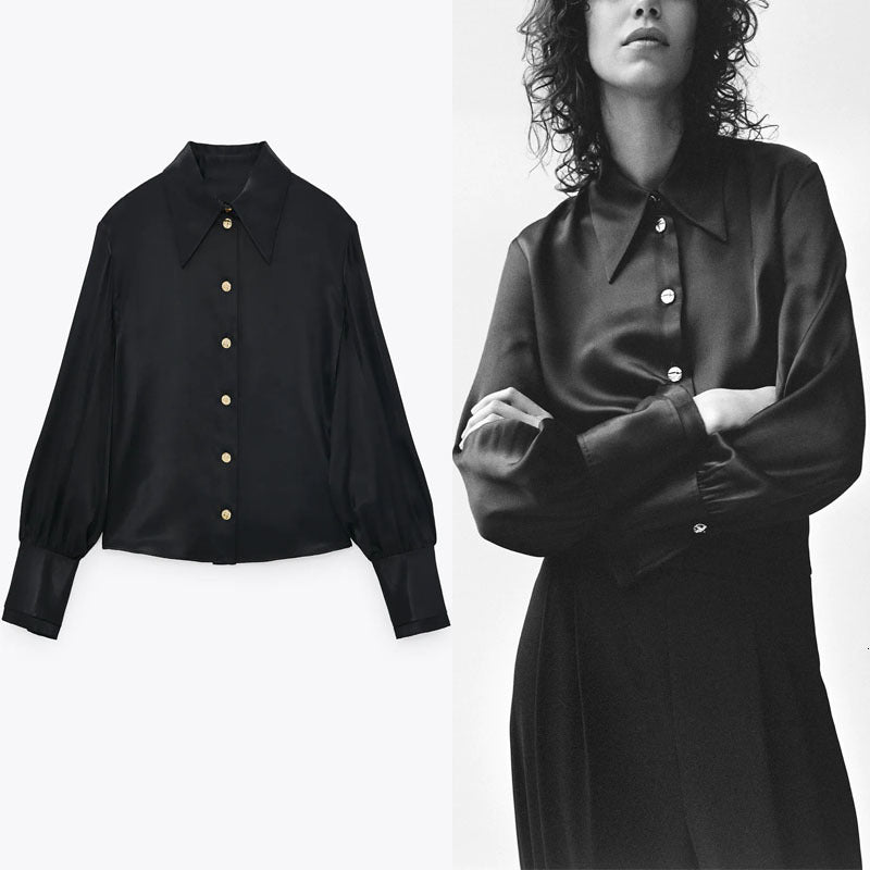 dresses Satin Black Office Shirt Women Long Sleeve Metal Button Slim Blouse Female Fashion Vintage Tops