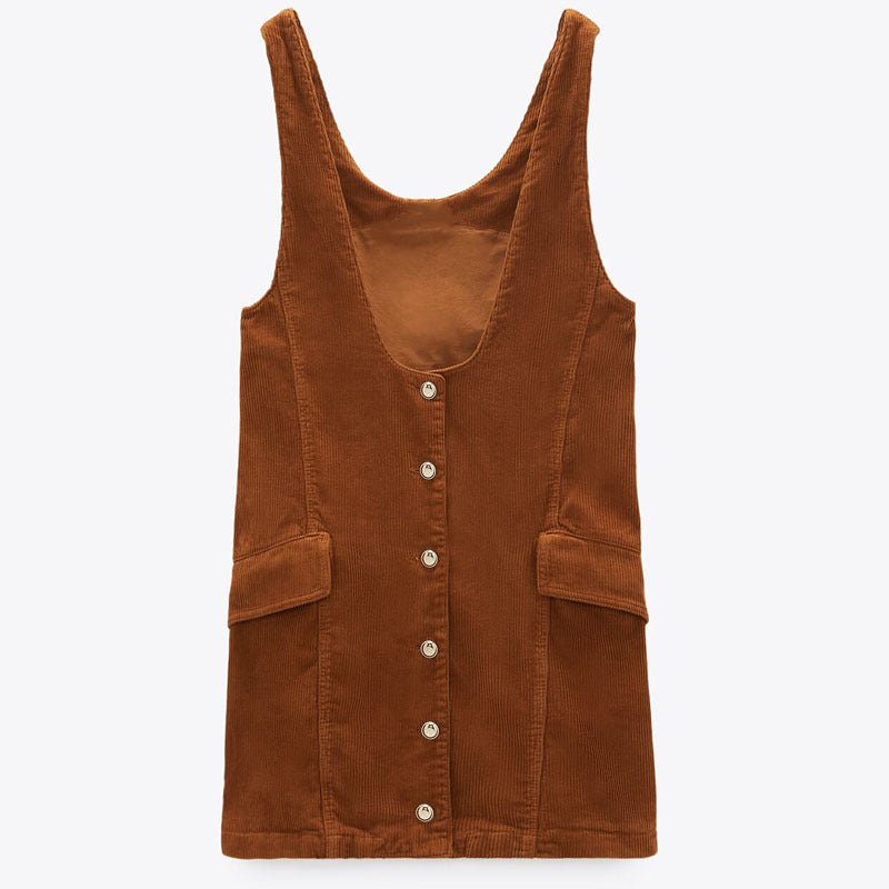 dresses Vintage Corduroy Wide Straps Women Sleeveless Button Short Office es Woman Fashion Winter Elegant Vestido