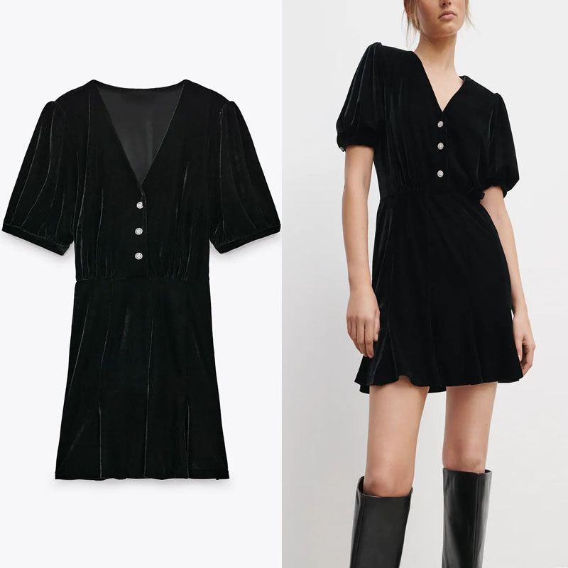 dresses Jewel Button Veet Mini Women Short Sleeve Elastic Waist Office Lady es Woman Fashion Winter Black Vestiso