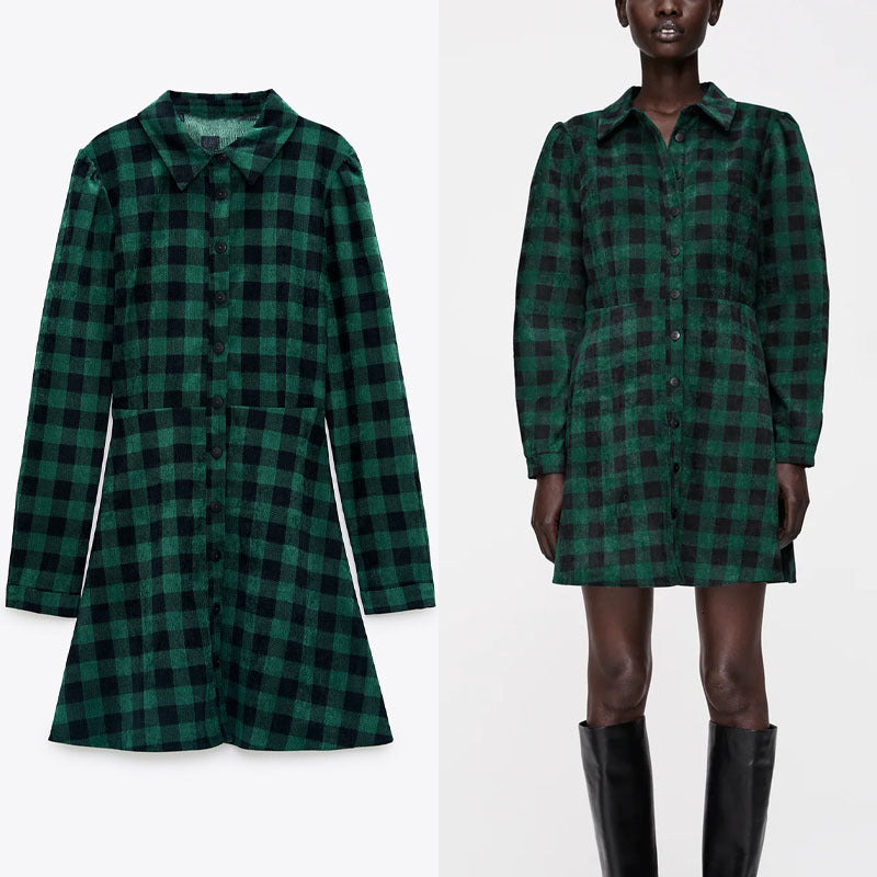 dresses Green Corduroy Plaid Shirt Women Long Sleeve Vintage Office Lady Short es Woman Fashion Front Button Vestido