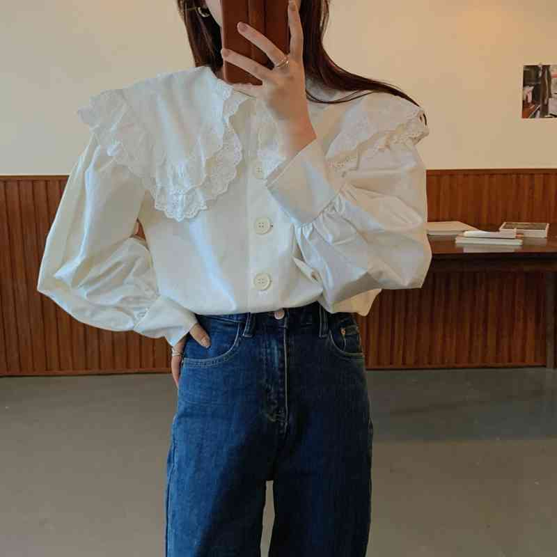 dress White Sweet Lace Peter Pan Collar Cute Women Blouses Brief Female All Match Stylish Loose Streetwear Shirts
