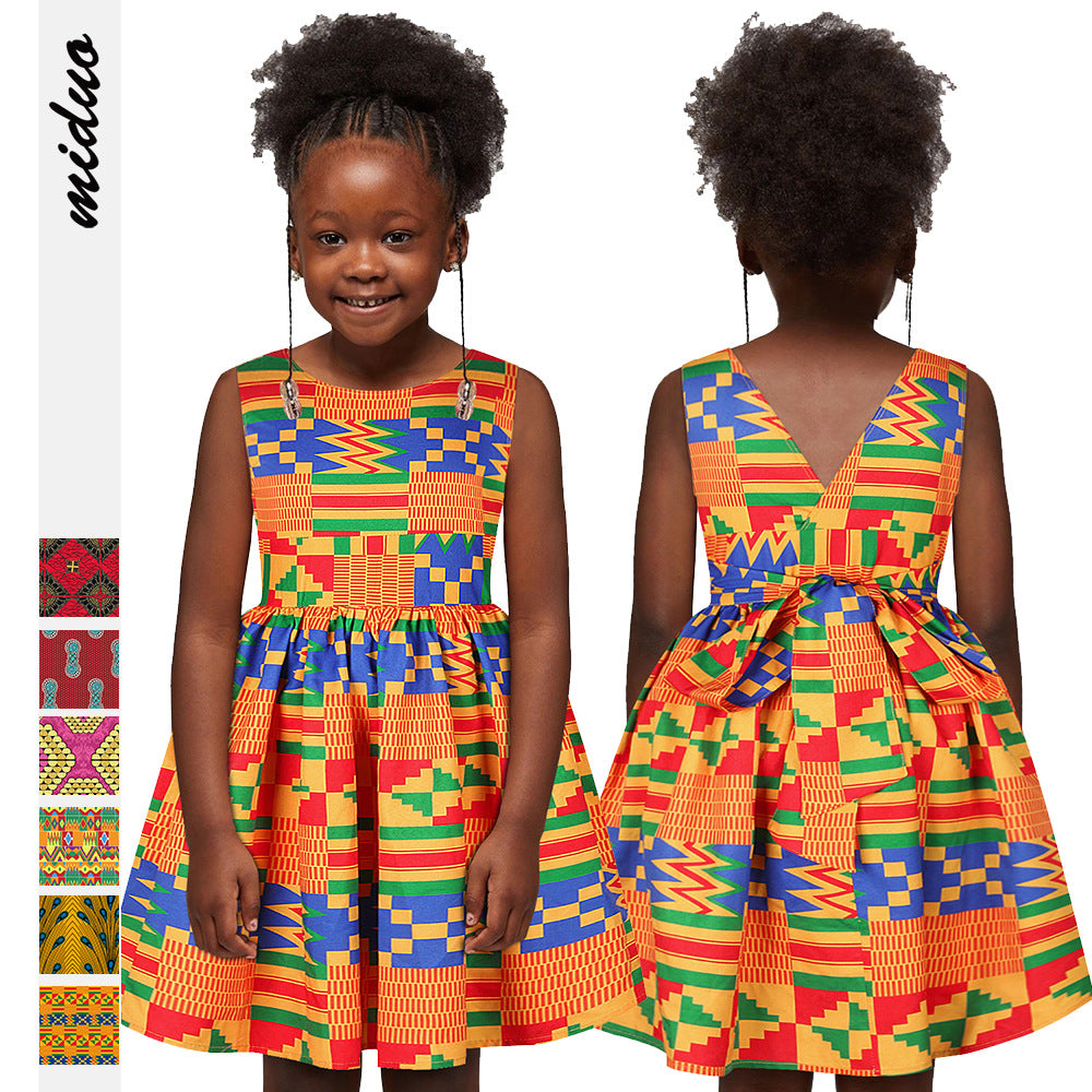 2021 Children&#039;s Summer Girls Geometric printing suspenders Dress baby Floral clothing Runway style wholesale and retail