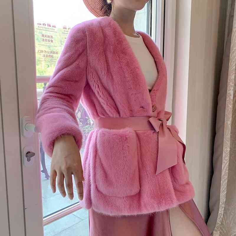 leather Natural Women Coats Winter Fashion Real Mink Fur Jacket Female Outerwear Pink