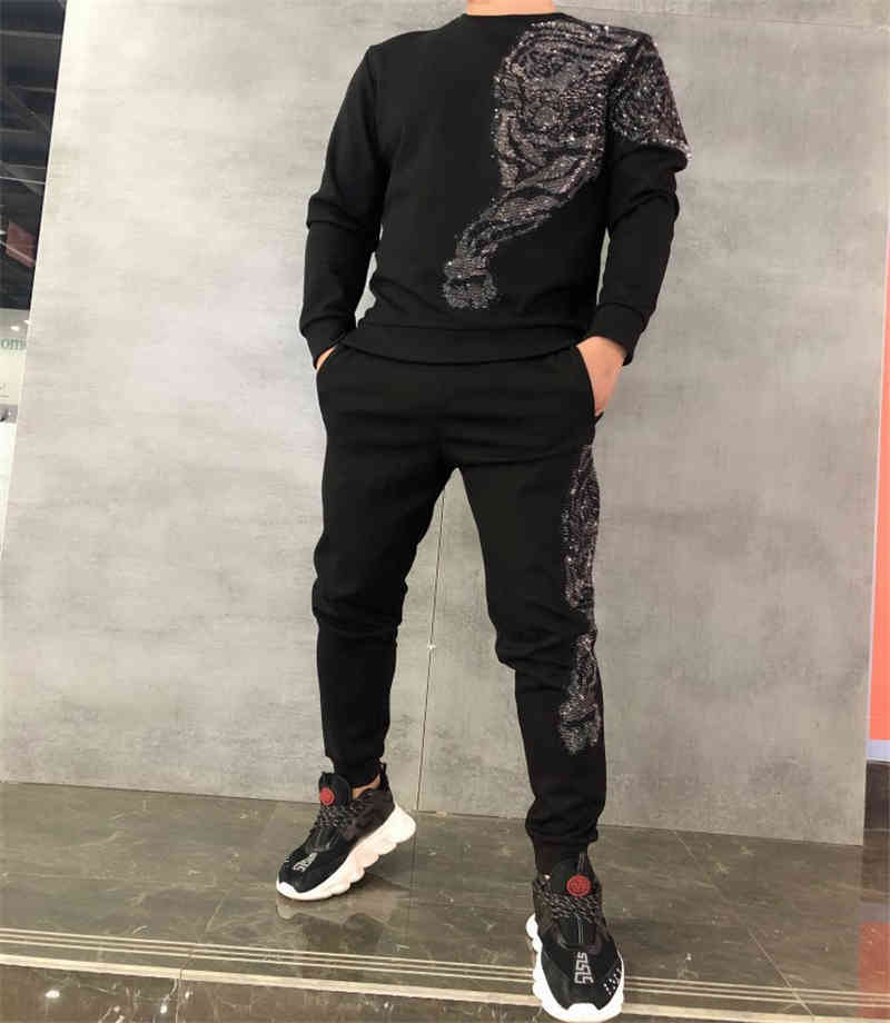 tracksuits rhinestone cotton hoodie fitness men&#039;s padded suit upscale sportswear two-piece set