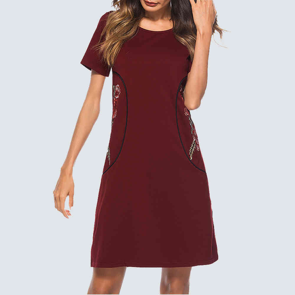 dresses Women Casual Brief Solid Color Shift Elegant Wine Embroidered Short-Sleeve Straight Summer Lady HT034