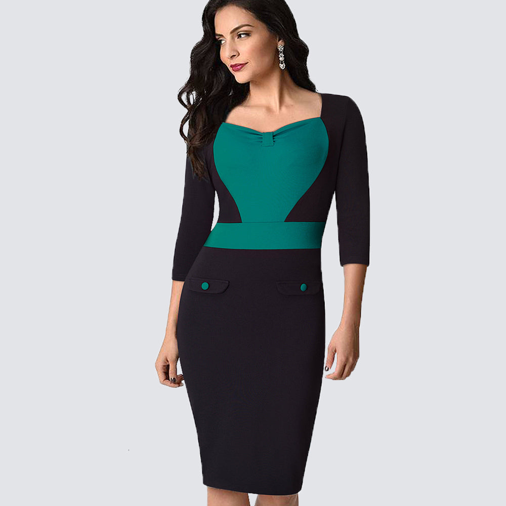 dresses Autumn Women Elegant Work Office Business Patchwork Bodycon Casual Contract ColorBlock Sheath Fitted Lady HB369