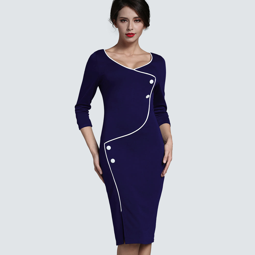dresses Autumn Optional Illusion Slim Fitted Midi Robe Business Women Office V Neck Back Zipper Buttons Split Pencil HB329