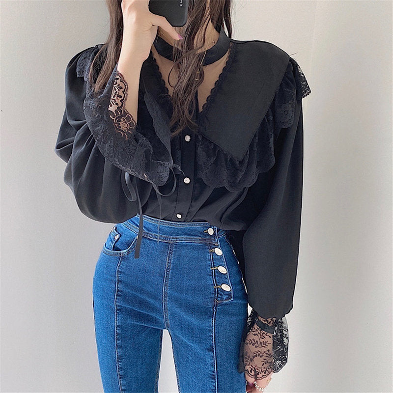 dress All Match Girls Gentle Clothe Tops Patchwork Blouses Lace Sweet Princess Chic Fashion Femme Korean Elegance Shirts