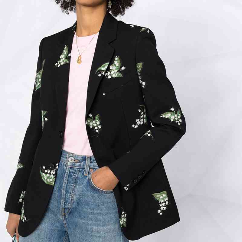 suits Runway Women Black 2021 Elegant Office Lady Floral Embroidery Loose Blazer Spring Jacket Suit Coat Outerwear