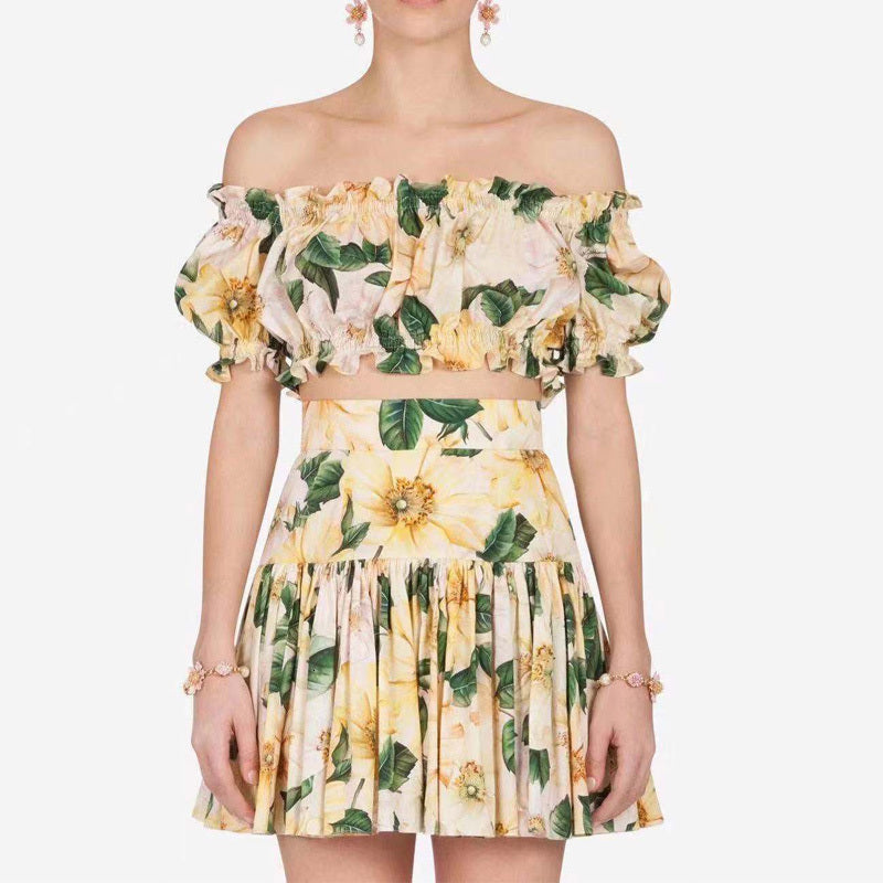 skirts Summer Runway Set Women Short Sleeve Off Shoulder Floral Print Pullover Blouse TopMini Skirt Two Pieces Sets