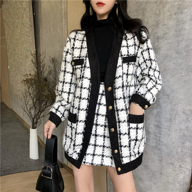 skirts Autumn Winter Plaid Woolen Suit Women Long Sleeve V-Neck Pocket Tweed Jacket Coat + Mini Pencil Skirt Ladies 2 Piece Set