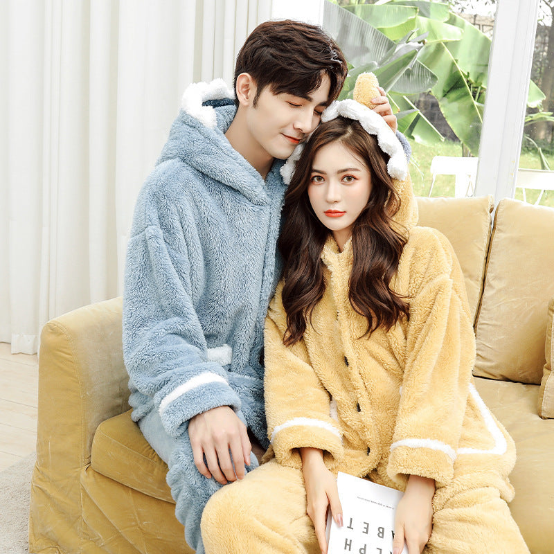 sleepwear Set Men Korean Cartoon Shark Pajamas Autumn and Winter Cute Hooded Home Service Suit Women