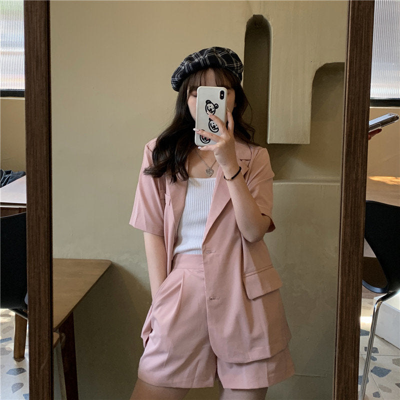 suit Chic Office Lady Loose Summer Sweet Solid Elegant Blazers + Casual OL Shorts Plus Size Two Piece Sets Suits