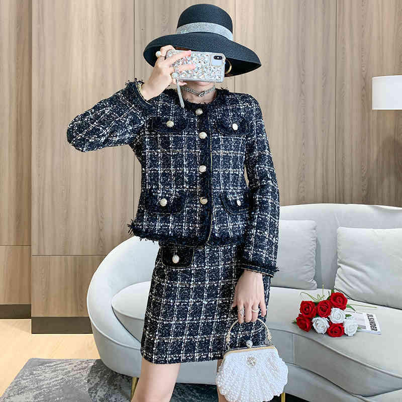 skirts Vintage Two Piece Women Fringed Trims Plaid Short Jacket Coat + Pencil Skirt Suit Outfits Female Wool Tweed Set