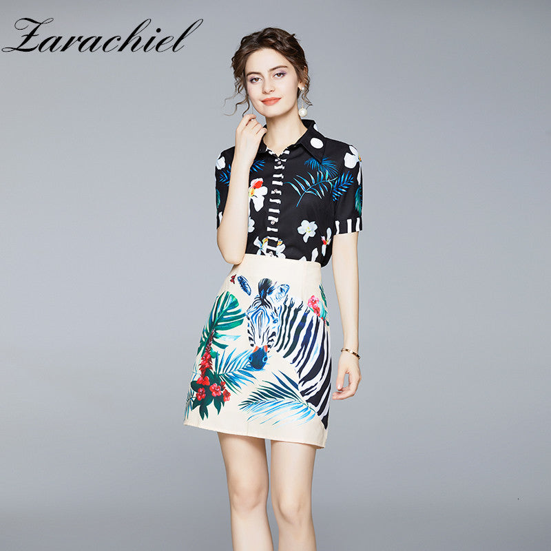 skirts Fashion Designer Suit Women Elegant Floral Sleeve Shirts Blouses + Zebra Print Short Skirt Two Piece Set
