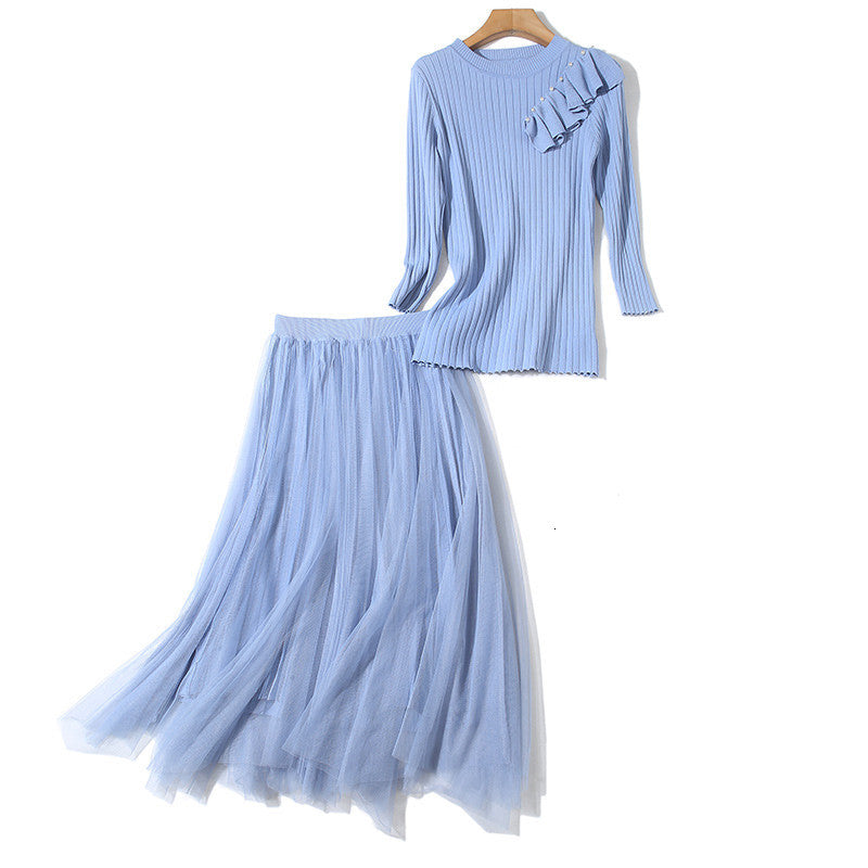 skirts Spring Sweet Light Blue Ruffles Pearls Sweater Two-pieces Women Elegant Pullover Tops + Mesh Pleated Long Skirt Set Outfitd