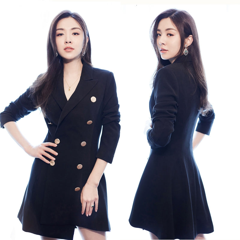 dresses Spring Autumn Women OL Suit Jacket Office Lady Golden Double-Breasted Blazer Female Long Sleeve Slim Waist Mini