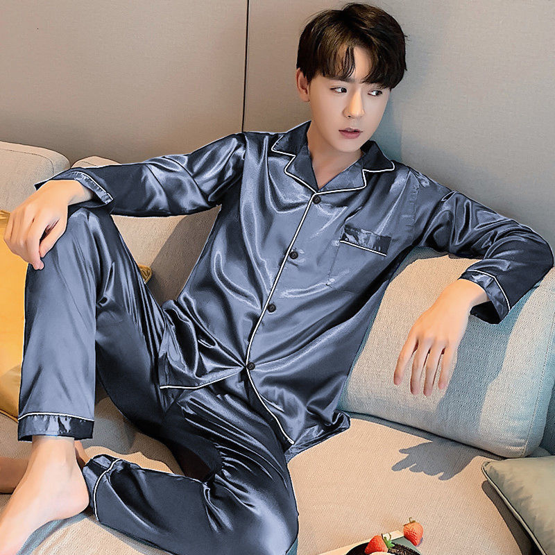 sleepwear Navy Blue Men Satin Pajamas Set 2PCS Shirt &Pants Plus Size Pyjamas Suit Long Sleeve Couple Nightwear