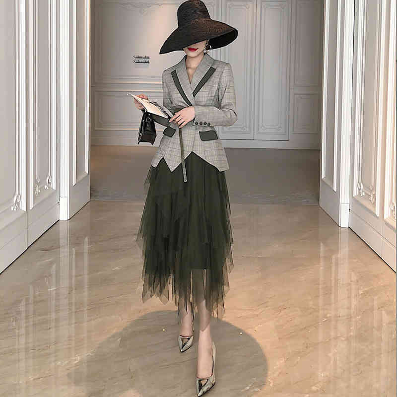 skirts Spring Women Grey Plaid Notched Blazer Check Office Sashes Jacket+Elastic Waist Army Green Mesh Skirt Set 2-Pieces Outfits