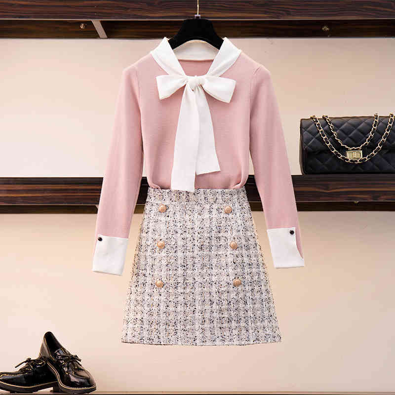 skirts Gold Double-Breasted Tweed 2 Piece Spring Women Sweet Bow Tie Collar Knitshirt Top + Mini Plaid Pencil Skirt Set