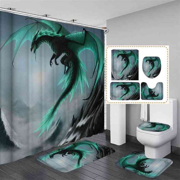 Modern Flying Dragon Waterproof Bathroom Shower Curtain Toilet Cover Bath Mat Non-Slip Rug Set Bathroom Accessories with 12 Hook 210402
