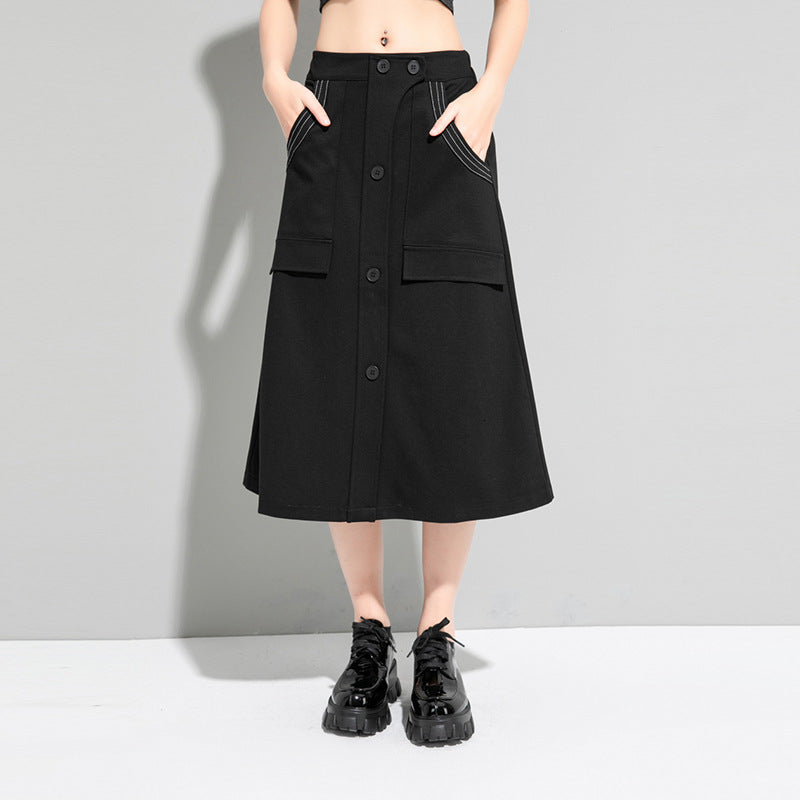 skirts European American spring women&#039;s skirts, dark cold, thin, straight nylon and cotton white line pocket skirt