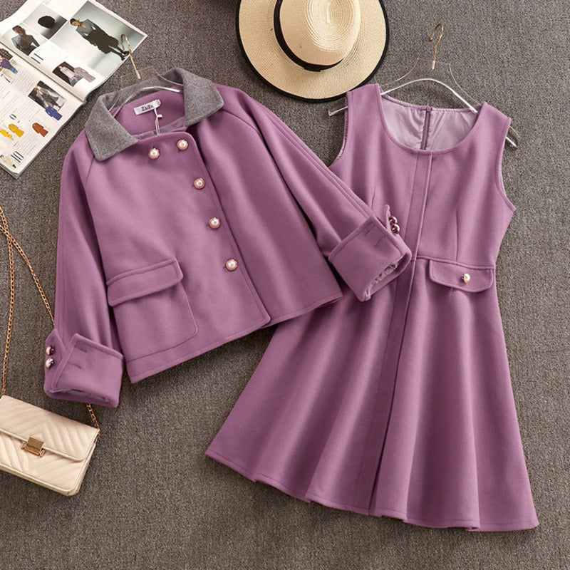 skirts winter 2 female piece sweet vintage single style breasted wool jacket without sleeves dress casual two-piece suits