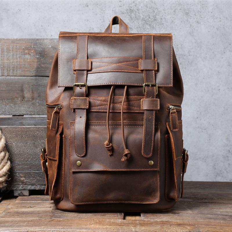 Crazy Horse Leather Men&#039;s Backpack Retro First Layer Cowhide Large Capacity Travel Backpacks Laptop Bag School Shoulder Bags