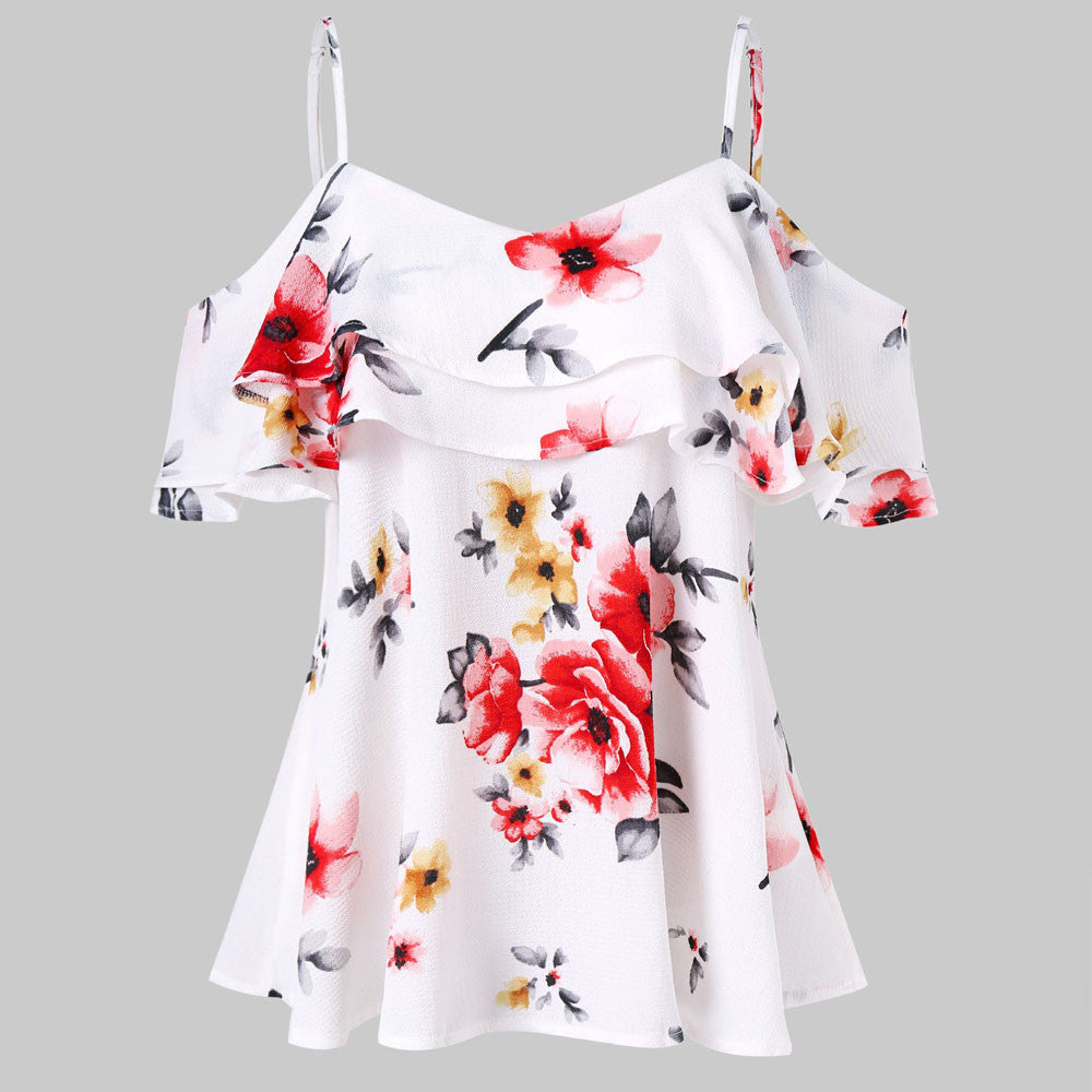 Ftitong Floral Blouses Large Size Women Blouse Florals Printing Off Shoulder Shirt Sleeveless Vest Tank camisa feminina