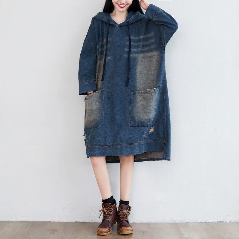 Vintage ladies make-up with hoodie denim sweatshirts plus size dress female bathrobe t035