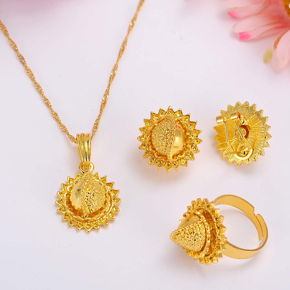 wholesale Promotion Glittering pendant necklace earrings ring joias ouro 18 K Yellow Fine G-F Gold Hillside bridal jewelry sets