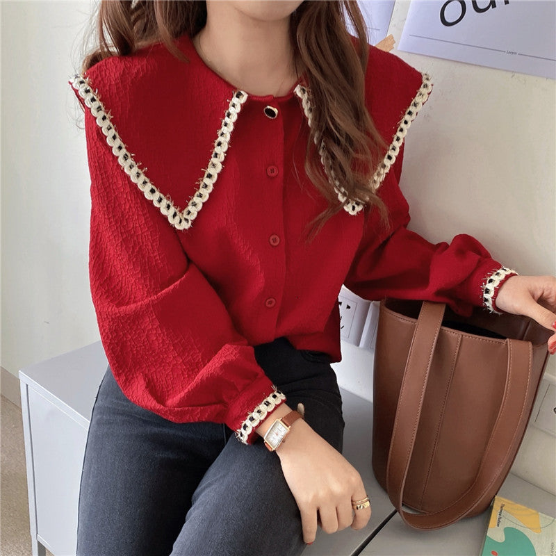 blazers Spring Sweet Bright Christmas Red Single-breasted Long Sleeved Shirts Retro Peter-pan Collar Lace Brim Casual & Loose Blouses