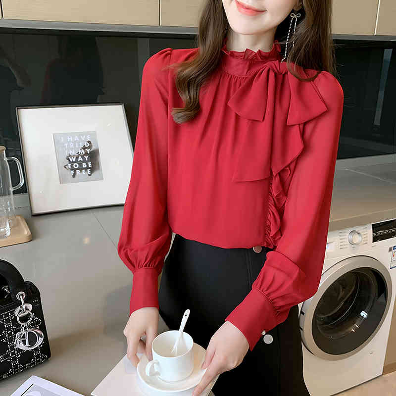 blouses Spring Business Women Bright Red Bow Tie Pull-over Base Shirts Stand Collar Chiffon Shirt & Female Top