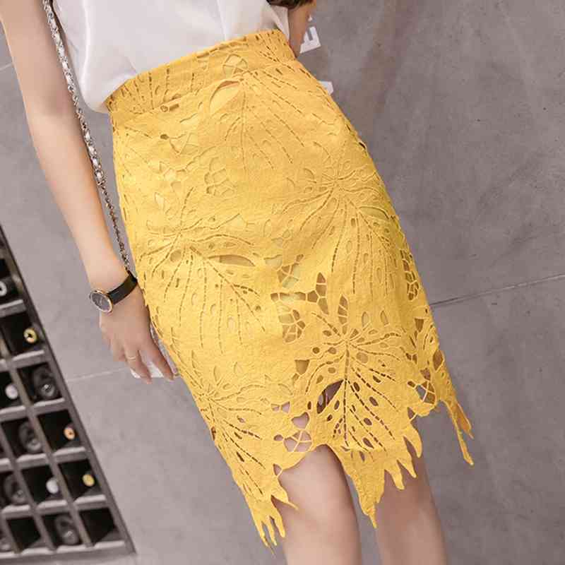 skirts Korean Style Irregular Hollow Out Crocheted Leaf Lace Slim Midi Pencil Skirts Yellow Green
